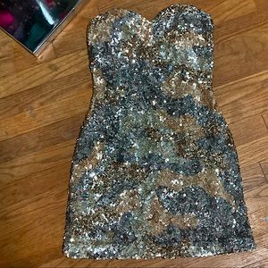 💖Vtg 90’s Scala💖silver gold sequin strapless mini dress 100% silk💖size 4
